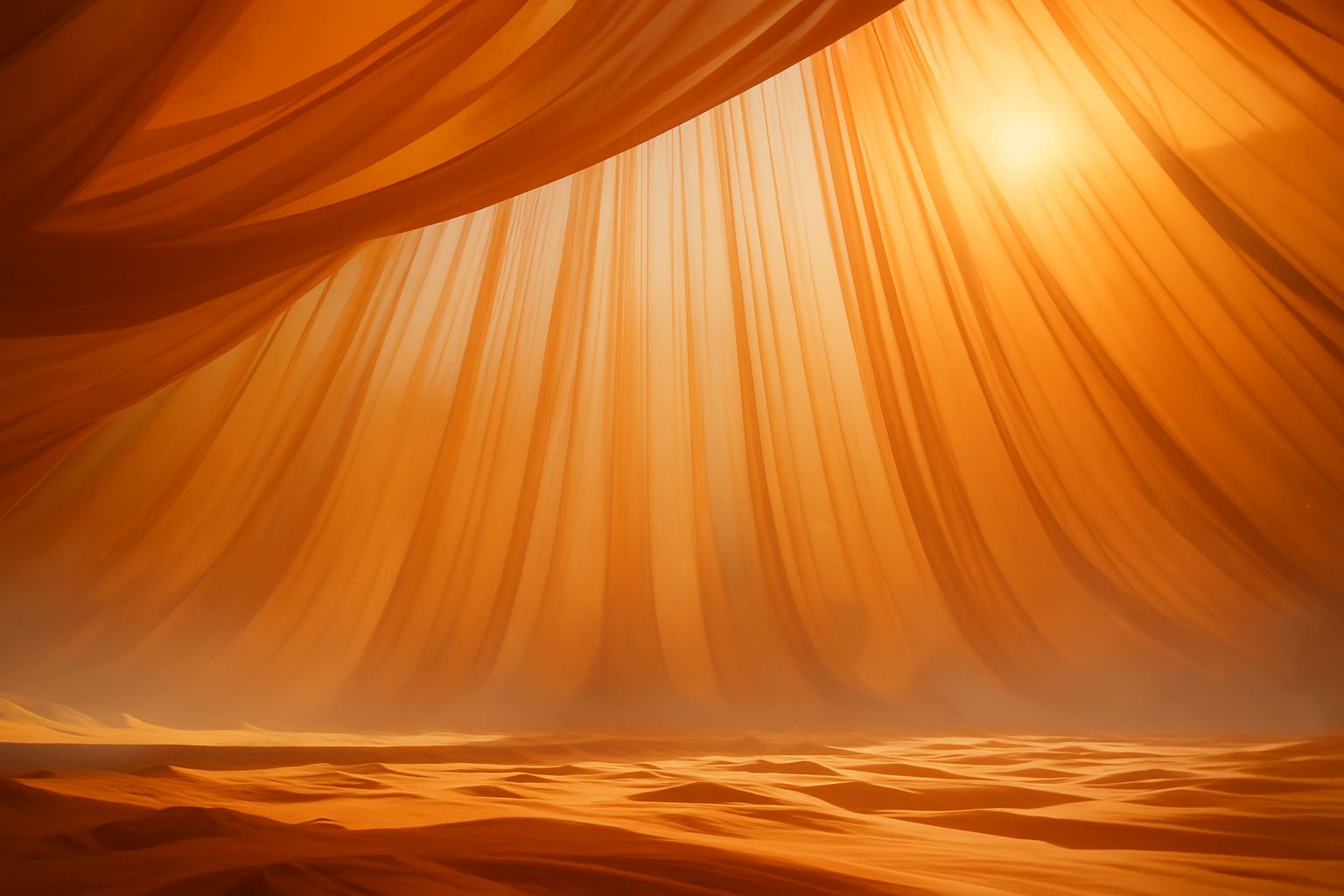 A vast orange-toned desert landscape seen through flowing curtains with sunlight streaming through