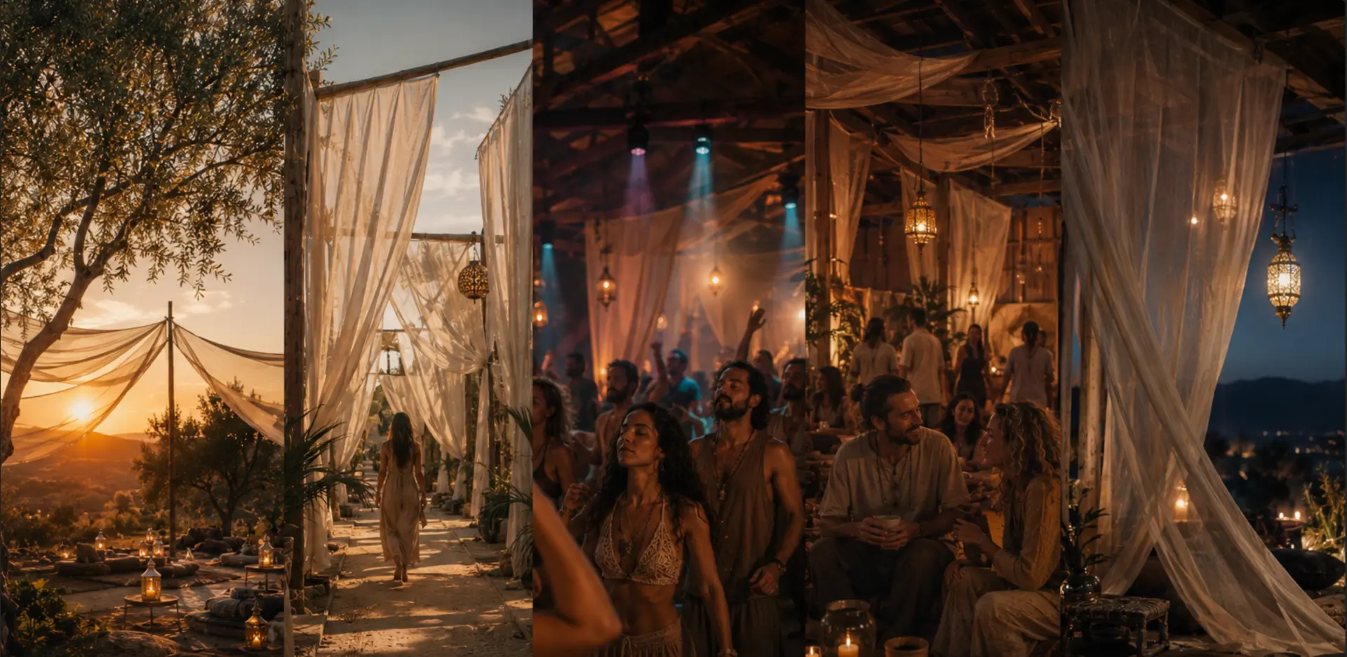 Three scenes of a warm outdoor gathering at sunset: flowing fabrics, a dance floor, and an intimate candlelit lounge