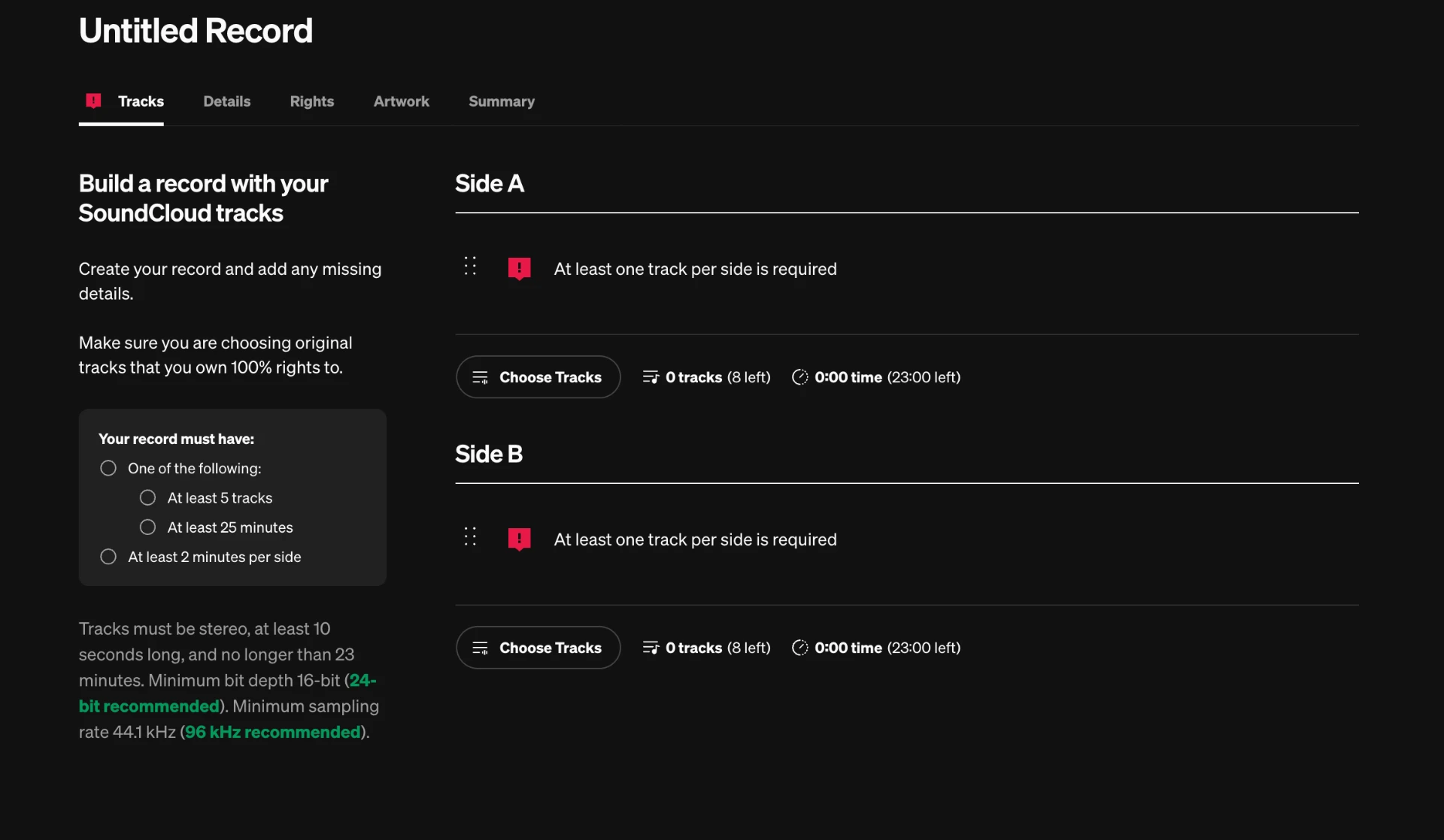 SoundCloud vinyl builder showing track and playing time requirements per side